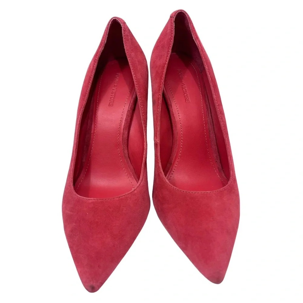 POUR LA VICTOIRE Coral Pink Suede Heels Pumps Wood‎ Cylindrical Heel Size 8 - Picture 5 of 9